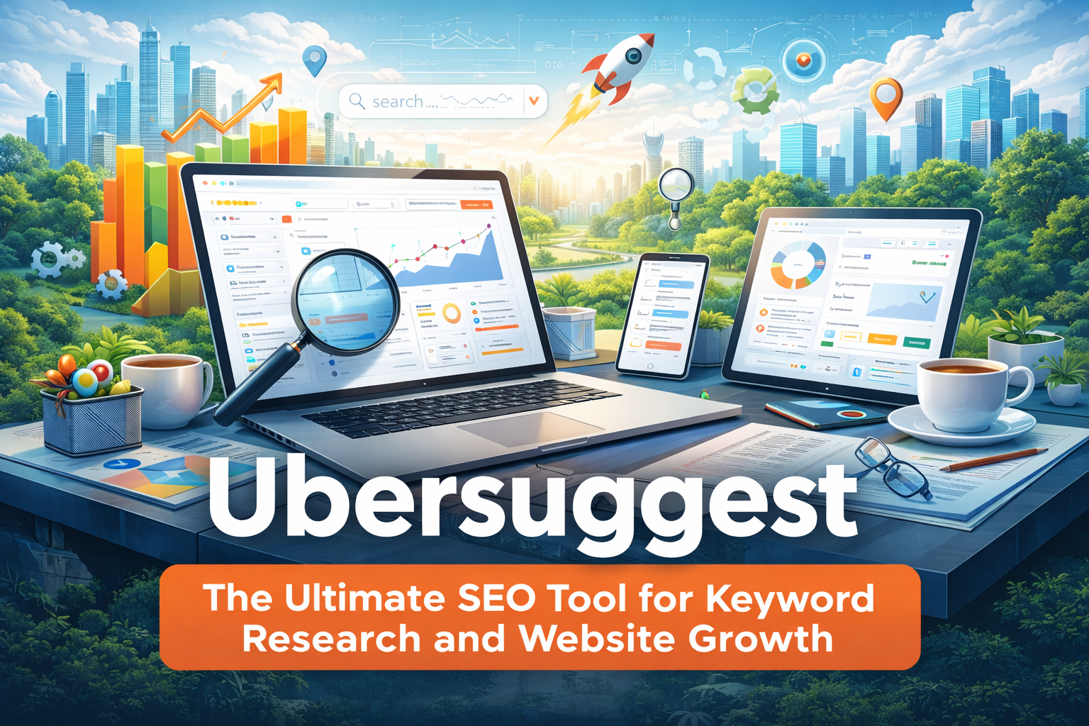 Ubersuggest SEO tool dashboard showing keyword research, website analytics, and traffic growth charts on laptop and mobile devices
