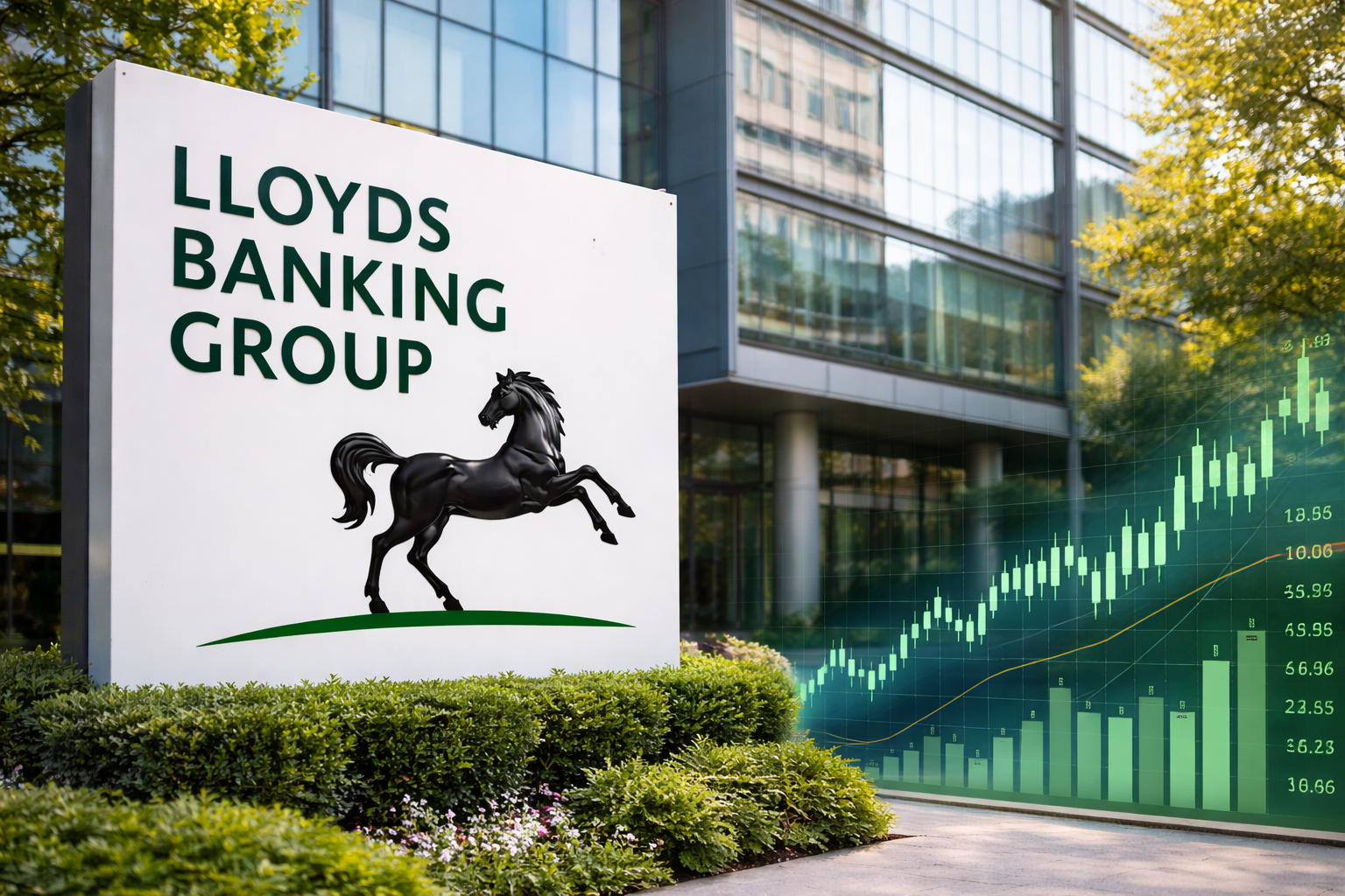 Lloyds Banking Group sign outside office building with stock market chart