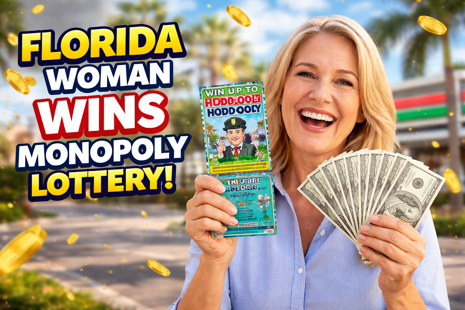 Florida woman celebrating after winning a Monopoly lottery scratch-off ticket prize