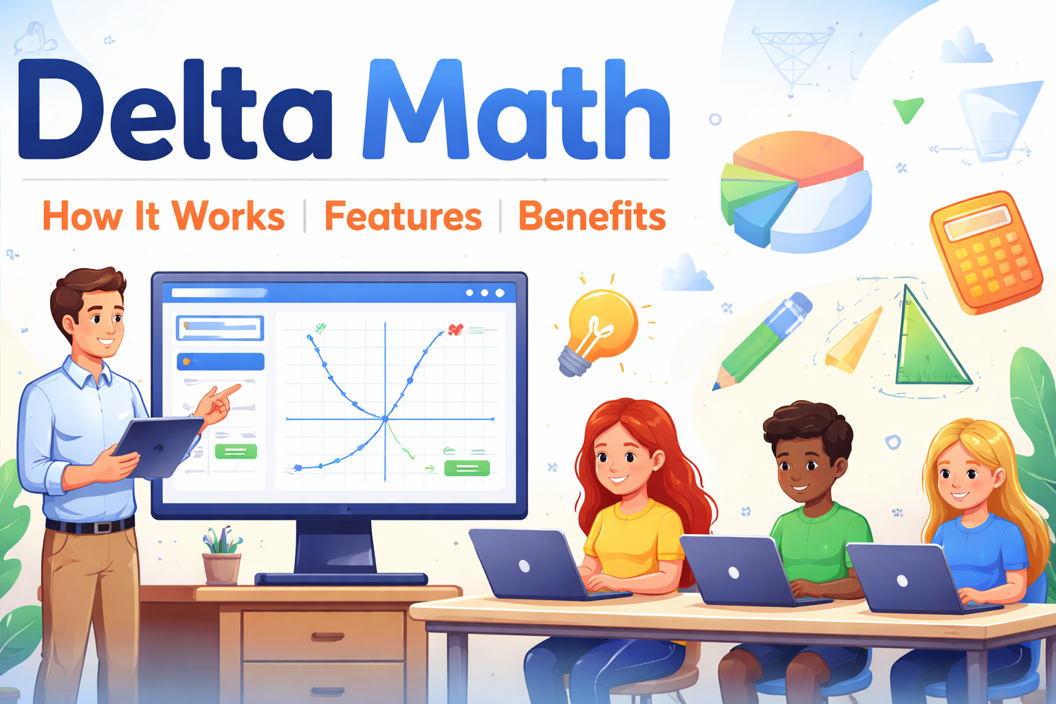 Delta Math online learning platform dashboard with students practicing math problems and teacher explaining graphs