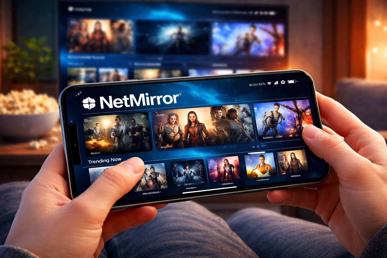 NetMirror app streaming movies and shows on smartphone interface