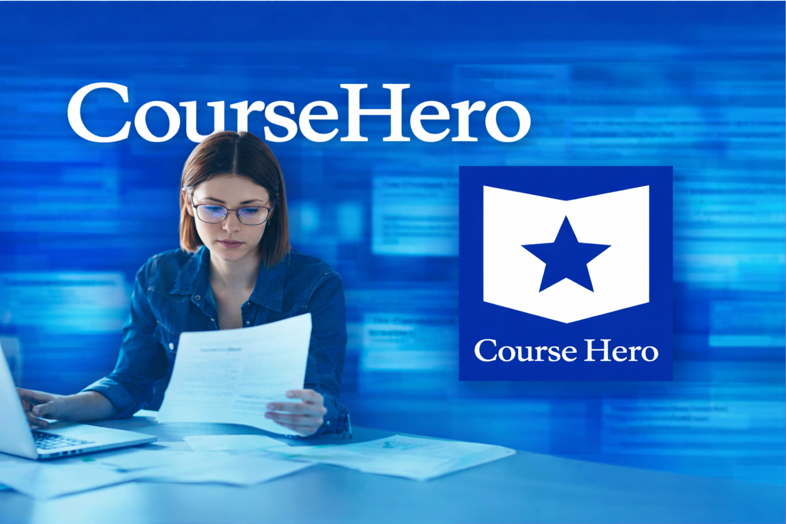 Student using Course Hero on a laptop with books, notebooks, and study notes, surrounded by a lively campus environment.