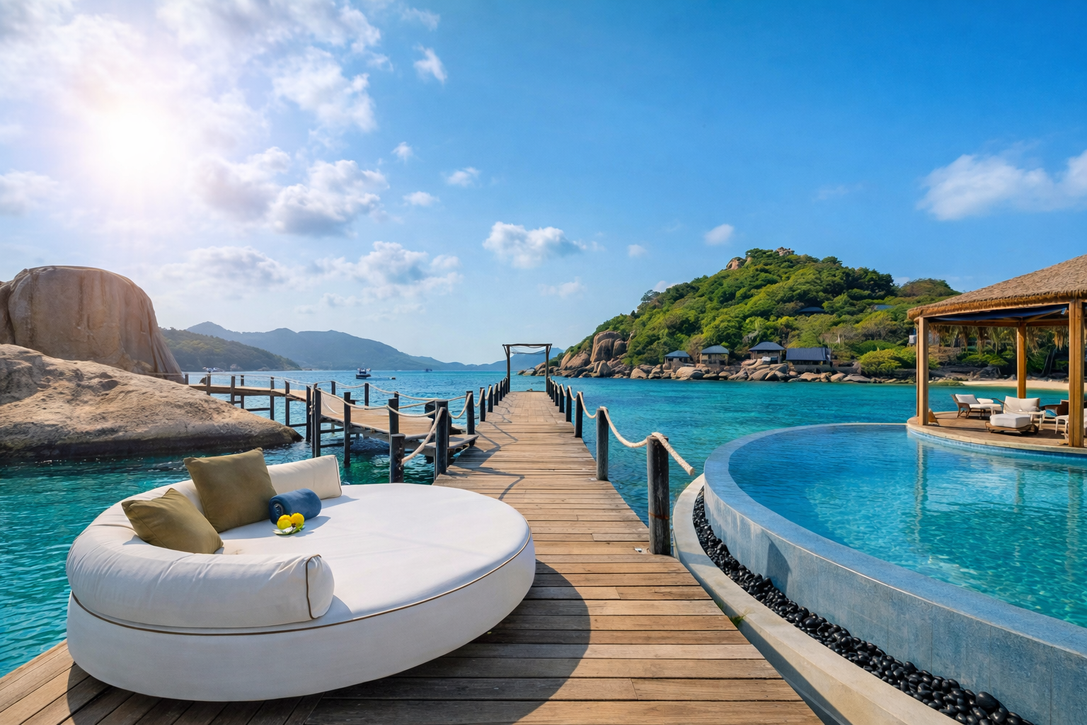 Luxury tropical resort with wooden pier, infinity pool, and crystal-clear turquoise ocean under a bright blue sky