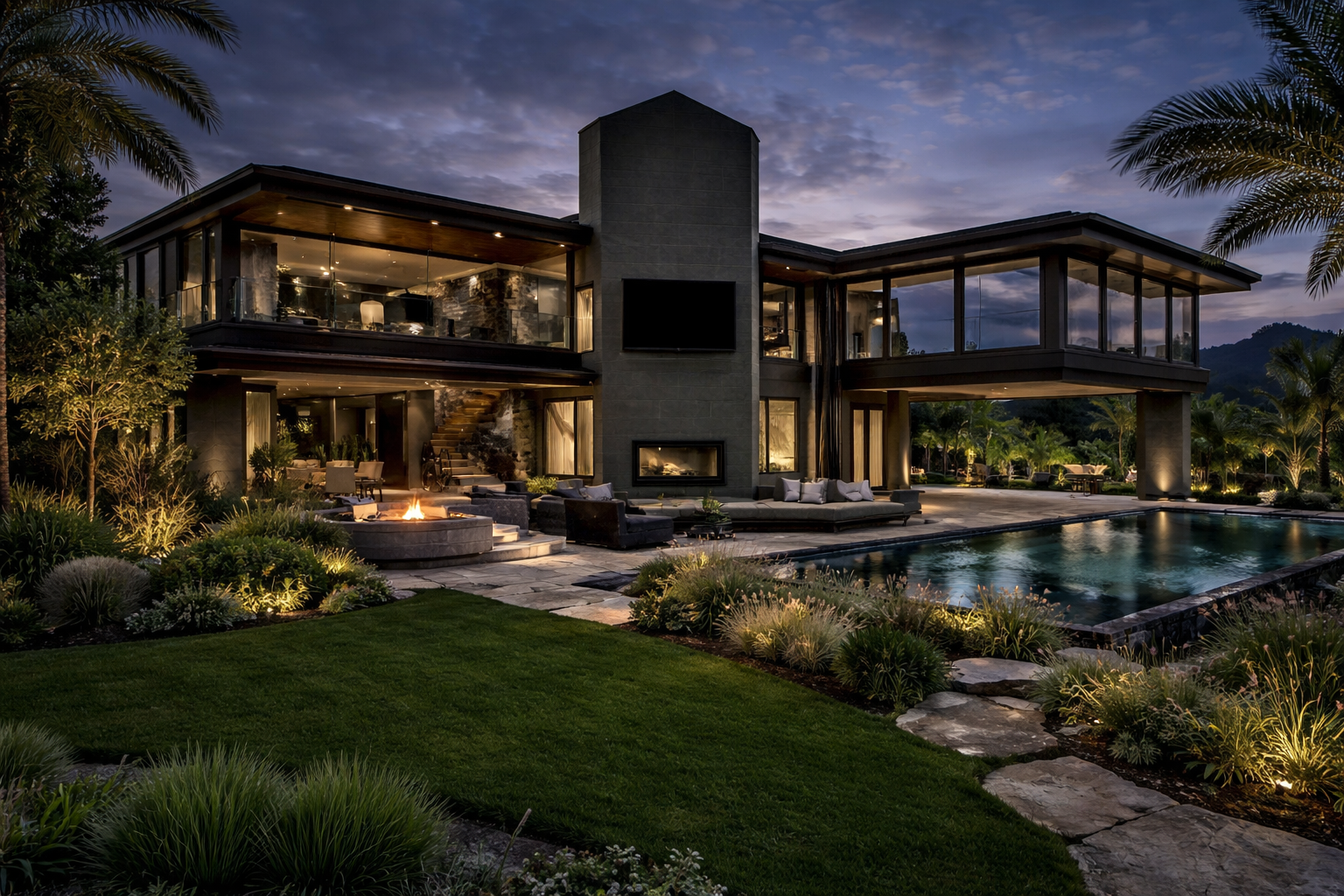 Modern luxury house with pool, glass walls, outdoor seating, and evening lighting design